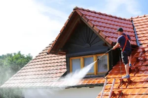 man on the roof using a pressure washer | pressure wash windows